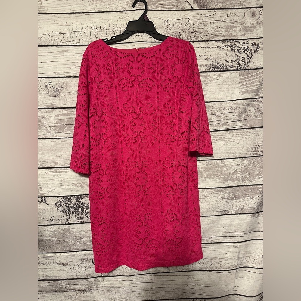 Chico’s Pink Lace Sheath Dress Size 2 (XL) 3/4 Sleeve Fully Lined